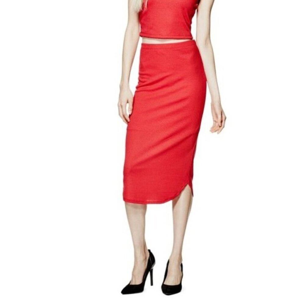 G by Guess Red Amabelle Ribbed Slit Midi Skirt || XS NWT